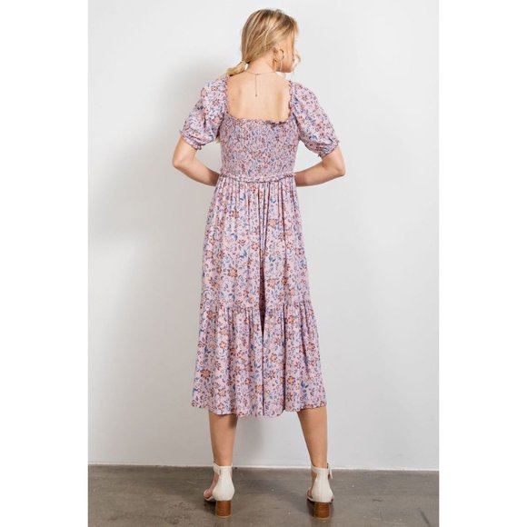 easel Dresses Easel Lavender Floral Printed Smocked Ruffled Bottom